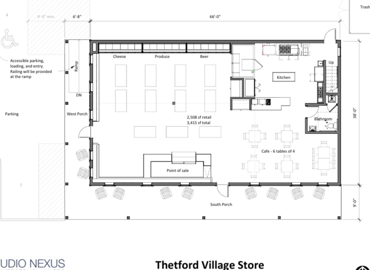 Architect's floor plan of the Thetford Village Store: retail space for cheese, produce, and beer up front, a kitchen, and a 24-seat café with six tables in back, plus a south porch and parking