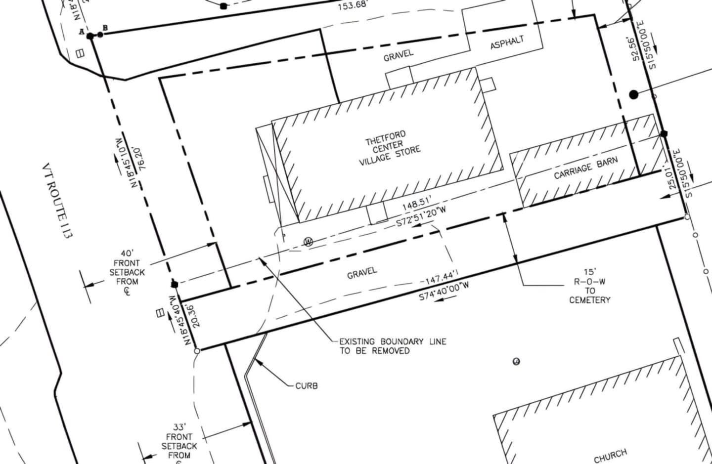A surveyor's site plan showing the Thetford Center Village Store, the carriage barn, and property boundary lines along VT Route 113