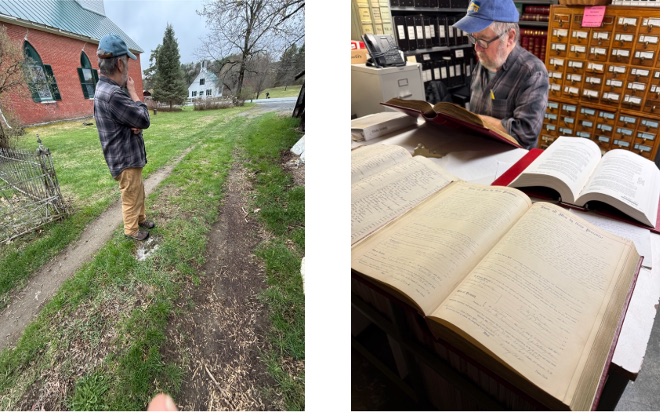 Two photos: walking the property's lot boundary, and reviewing an open ledger in the Town archives